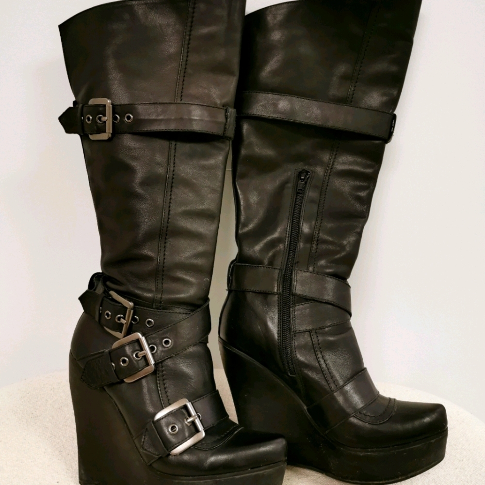 Wedge Knee High Boots Almond Point Toe